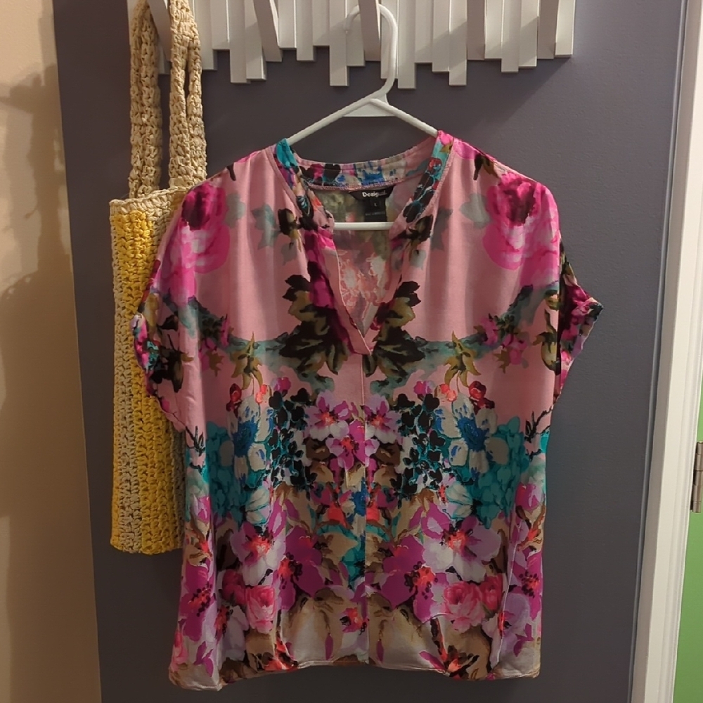 Desigual Pink and Blue V-Neck Blouse with cuffed sleeves